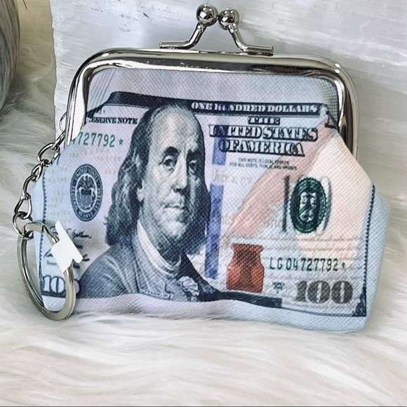 MONEY PATTERN WALLET Ben Franklin COIN PURSE keyring IN THE MONEY pouch CHANGE - Picture 3 of 9